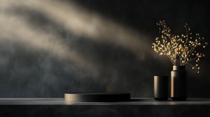 Wall Mural - A black platform with a black vase of flowers, all on a dark background with light shining down.