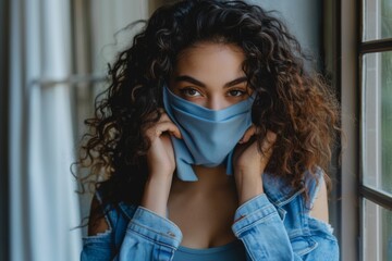 Happy Hispanic young woman takes off protective mask indoors.