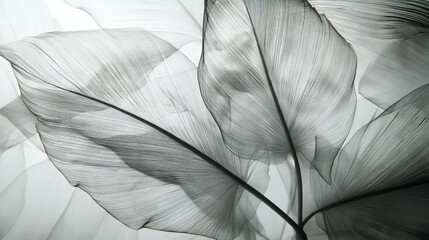 Poster -   Black & white photo of leaf with thin, elongated blades