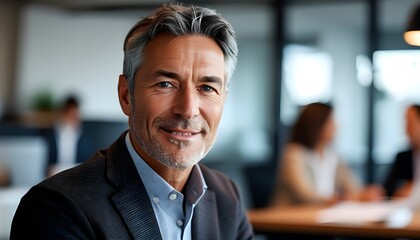 Confident middle-aged man in business casual engaging with colleagues in a modern office environment