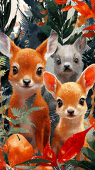 Wall Mural - Three adorable fawns, two orange and one gray, peek out from behind lush foliage.