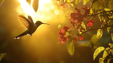 Canvas Print -   A Hummingbird Flying Past Red Flowers Under the Sun