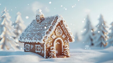 Poster -   A snow-covered gingerbread house is seen from a close distance, with snowflakes on its roof and trees visible in the background