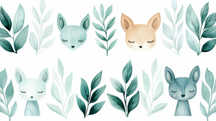 Canvas Print - Cute watercolor illustration of woodland animals with leafy branches.