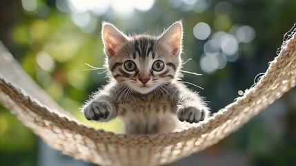 Poster -  A kitten lounging in a hammock with its paws resting on it, gazing into the lens