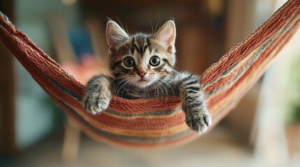 Poster -   Kitten lounges in hammock, hands on ropes, gazing into lens