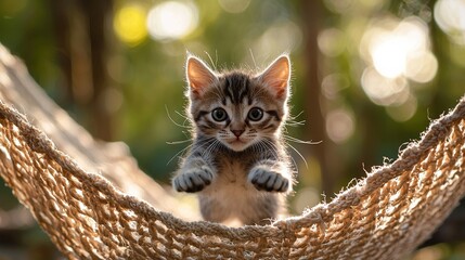 Poster -   A tiny kitten resting in a hammock with its paws grasping it and gazing directly into the lens