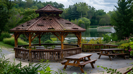 Wall Mural - Wooden Gazebo by the Lake Tranquil Summer Scenery