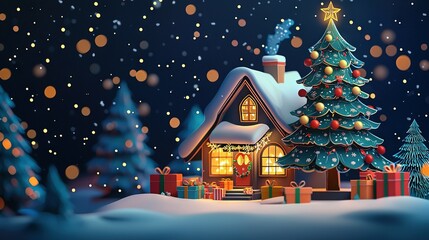 Poster -   A Christmas scene with a lit-up house and a glowing Christmas tree amidst falling snowflakes at night