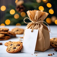 A cookie bag for a Christmas present with a blank white tag label mockup and Christmas lights in the background.