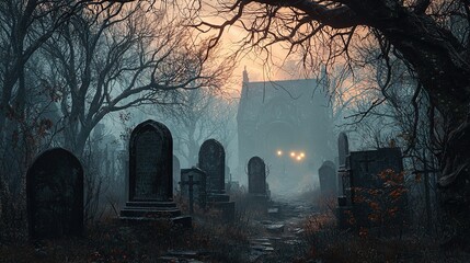 Poster -   A cemetery in the misty night with a church in the backdrop and a cemetery up front