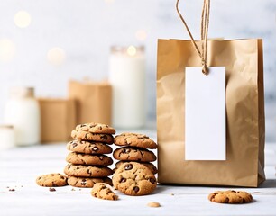 A cookie bag for a Christmas present with a blank white tag label mockup and Christmas lights in the background.