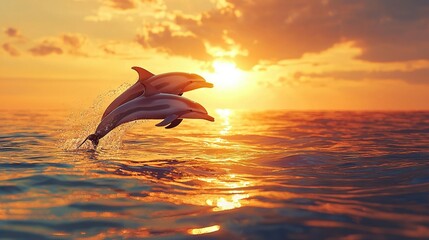 Sticker -   Dolphins jumping, sunset, water, background, sun