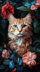 Canvas Print - Orange tabby cat with blue eyes surrounded by pink and blue flowers.