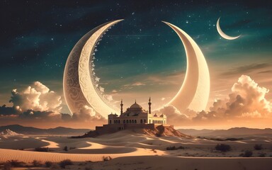 Majestic Mosque In The Desert With Giant Crescent Moon And Stars