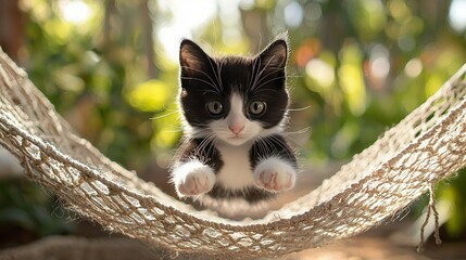 Sticker -   A black and white kitten sits in a hammock with its paws on the edge