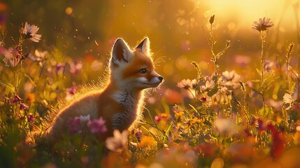   A fox basking in the sun amidst wildflowers