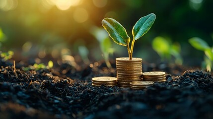 Plant Growing From Coins in Soil   Financial Growth and Investment Concept