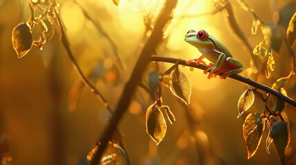 Poster -   A red-eyed tree frog perched on a leafy branch with the sun behind it