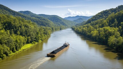 Canvas Print - A barge slowly navigates the wide river in West Virginia, carrying a load of coal with smoke rising from its chimney, while lush trees adorn a nearby island