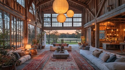 Wall Mural -   Lots of furniture fills a cozy living room, adorned with a chandelier suspended from a wooden ceiling