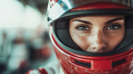 A determined race car driver in a red helmet stares ahead with intensity, embodying speed, focus, and adrenaline in a competitive and high-octane environment of racing.