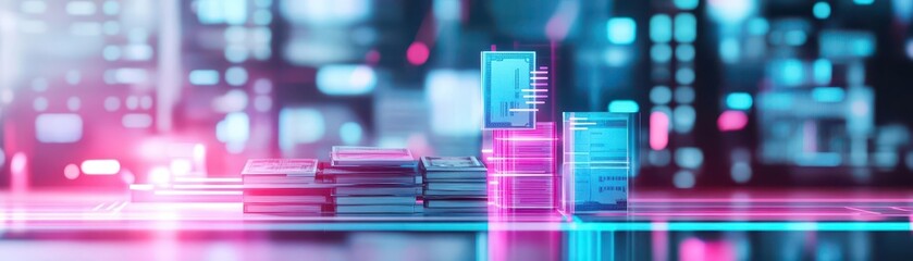Aufkleber - Corporate finance, augmented reality bills, neonlit office, futuristic tax audit setup