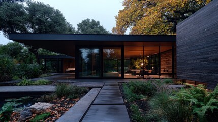 Poster - A sleek, modern house featuring expansive windows and surrounded by lush greenery, blending contemporary architectural design with natural elements.