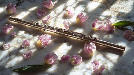 Poster -   A flute rests on a marble surface surrounded by pink tulips and a green leaf on top