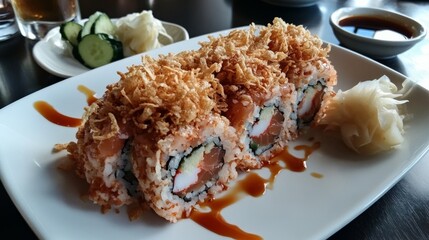 A plate of spicy tuna rolls topped with crispy tempura flakes and spicy mayo, placed on a table alongside soy sauce and pickled ginger.