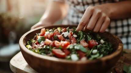 Wall Mural - close-up of hands mixing a fresh vegetable salad in a rustic wooden bowl, featuring tomatoes, greens