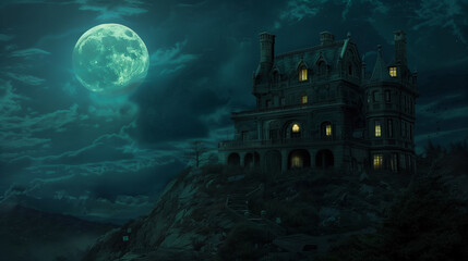 Wall Mural - Hauntingly Beautiful: Discover Our Creepy Castle Illustration for Halloween