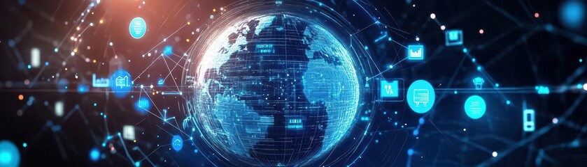 Poster - A 3D globe surrounded by data points and tech icons, representing global services, Digital painting, Blue and white tones