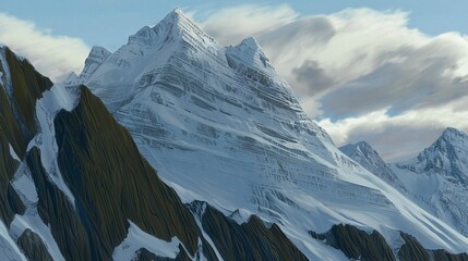 Wall Mural -   A snow-capped mountain with a bird soaring above it and clouds in the sky