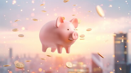 A cheerful piggy bank surrounded by floating coins, symbolizes savings and financial growth in a vibrant, dreamy atmosphere.