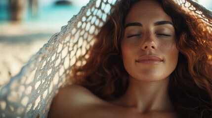 A serene portrait of a woman in a hammock with closed eyes, basking in sunlight on a sandy beach, conveying relaxation and tranquility.