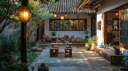 Poster -  A patio with a table and benches in front of a building with a lantern on its roof