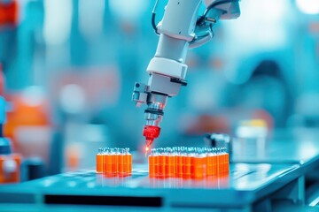 Leinwandbilder - An industrial robot performing automated product testing on a production line, analyzing every aspect of the product in realtime