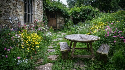 Poster -   A wooden table sits in a lush green field beside a stone building with a wooden door