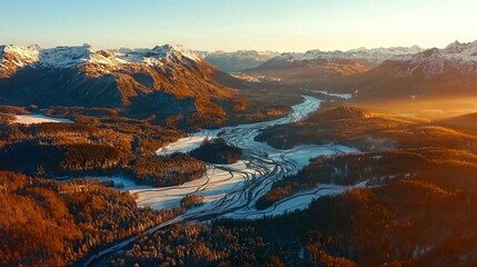 Sticker -   An aerial view of a snow-covered mountain range with a river in the foreground