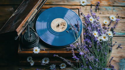   A blue vinyl record sits atop a wooden box beside a bouquet of flowers and a record player