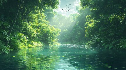 Canvas Print -   A river runs through a lush jungle, with avian creatures soaring above the tranquil water and dense foliage flanking its banks