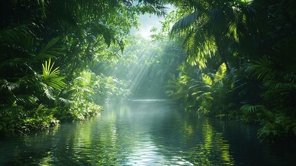 Canvas Print -   A river runs through a verdant forest, filled with numerous leafy trees, and a radiant beam illuminates the water