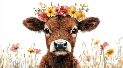 Wall Mural - A cute brown calf wearing a flower crown.