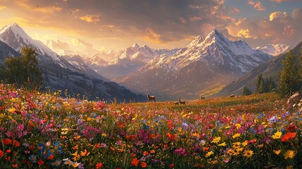 Canvas Print -  A stunning depiction of a mountainous landscape adorned with vibrant flora and a serene cow peacefully grazing