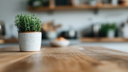 A small potted plant sits on a wooden table in a cozy, blurred background kitchen, adding a touch of greenery and natural decor to the space.