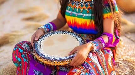 Woman in colorful attire holding a drum.