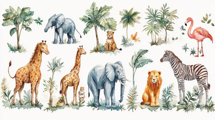 Wall Mural - Watercolor safari animals, giraffes, elephants, lion, zebra, flamingo & more.