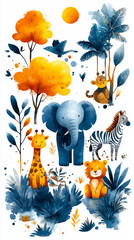 Wall Mural - Cute cartoon animals in a jungle setting.