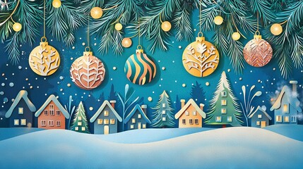 Sticker -  Christmas painting with ornaments on tree branches and snow-covered houses